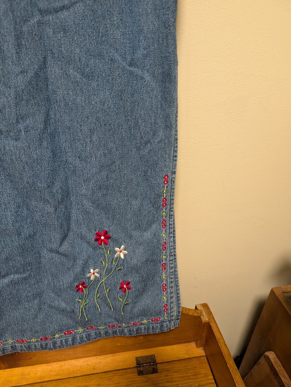 Live a Little Size S Denim Maxi Dress Floral Embroidered 90s Cottagecore - Picture 4 of 7